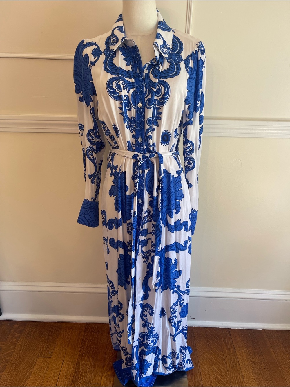 MSK Blue and White Printed Maxi Shirt Dress